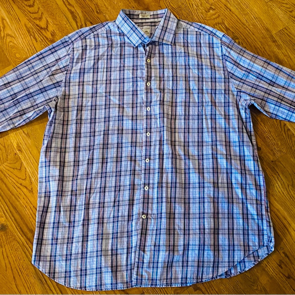 Peter Millar LS Dress Shirt, navy blue/light blue/pink plaid, size XXL